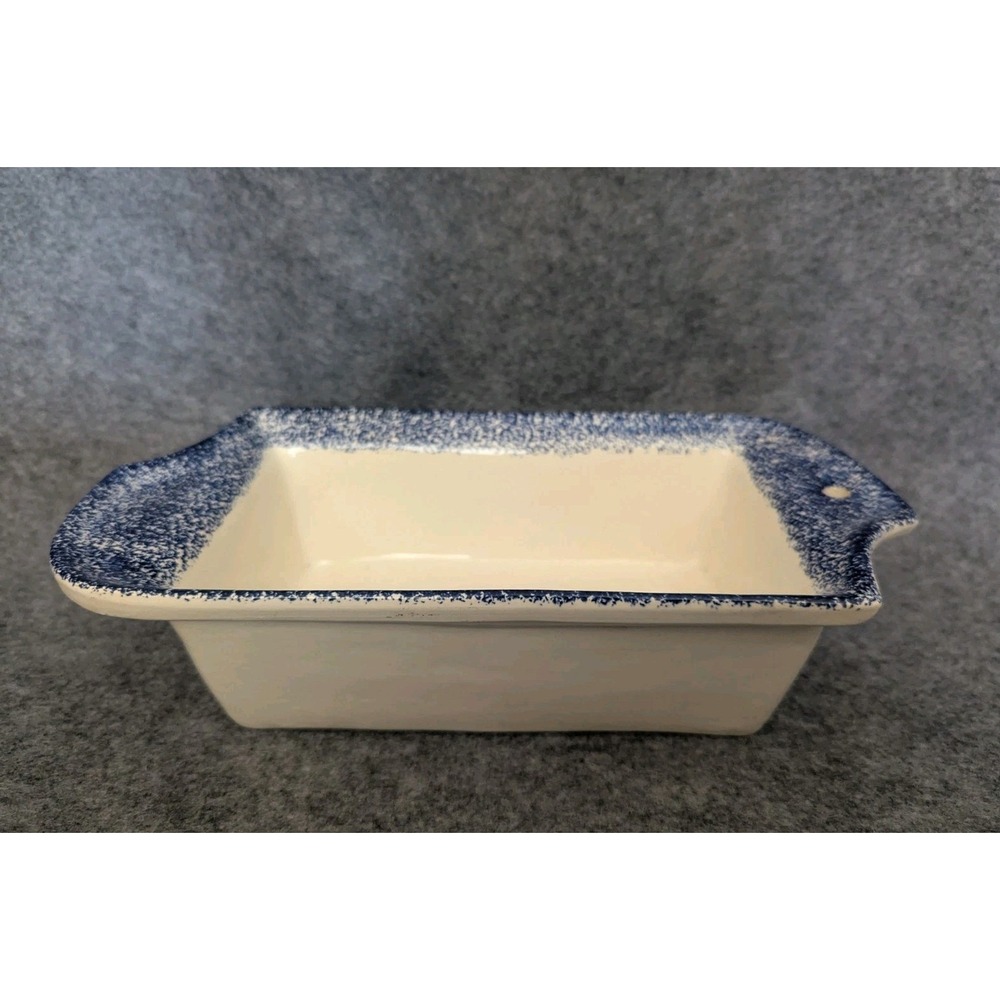 Vtg Flat Earth Pottery Blue Sponge Design Baking Loaf Pan 3.5x7.0x2.0(Inner)